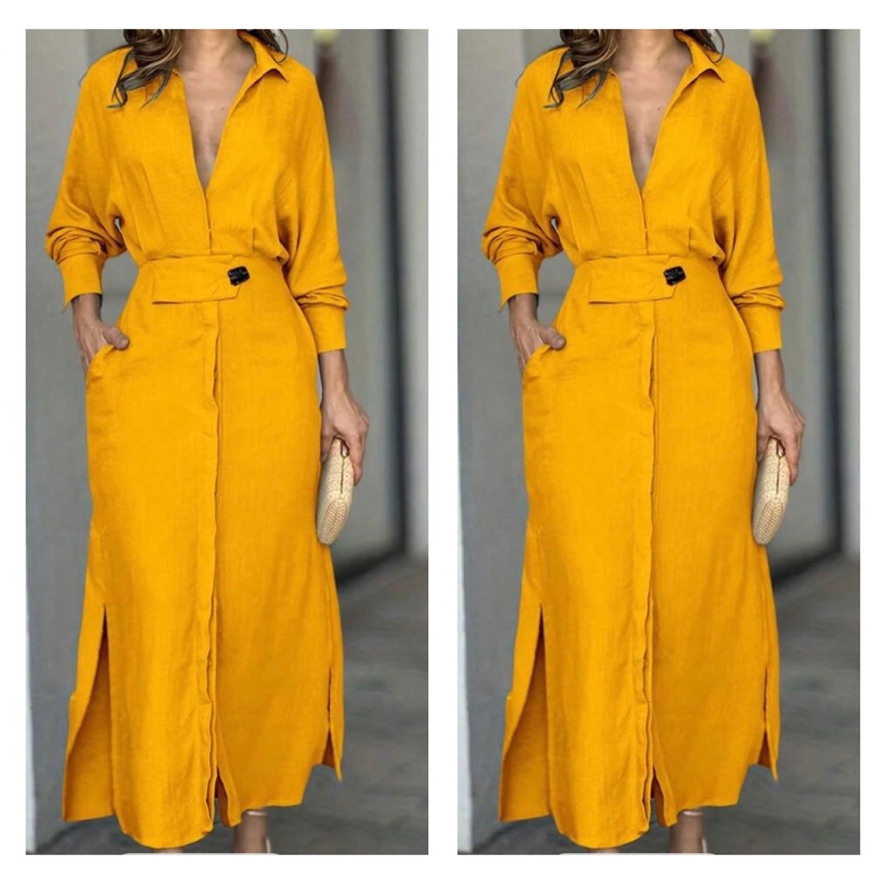 Mustard Yellow Long Sleeve Maxi Shirt Dress